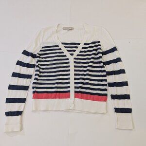 Ann Taylor Loft Long Sleeve Deep V Neck Navy Blue, White, Pink Stripes, Size MP